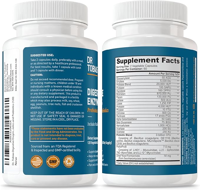 Dr. Tobias Digestive Enzymes with Probiotics, Prebiotics and Postbiotics Bromelain, Amylase, Lipase, for Better Digestion & Immune Function, 120 Capsules 60 Servings (2 Daily)