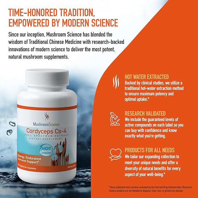 MushroomScience Cordyceps CS-4 Capsules, Full Spectrum Extract for Health, Energy & Endurance, Hot Water Extracted, Vegetarian, 400mg, 90 CT