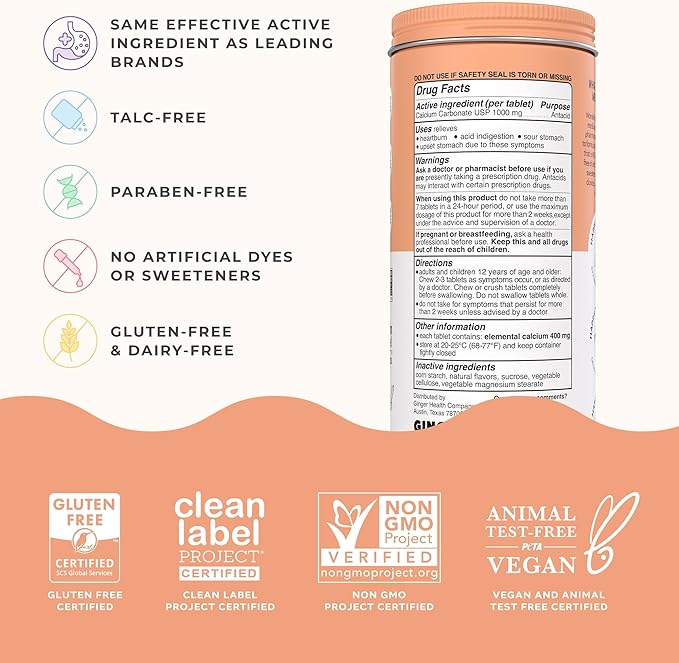 Wonderbelly Antacid, Effective Heartburn and Instant Acid Indigestion Relief, Extra Strength Chewable Tablets, 1000 mg Calcium Carbonate, No Talc or Dye, Tropical Fruit, 120 Count