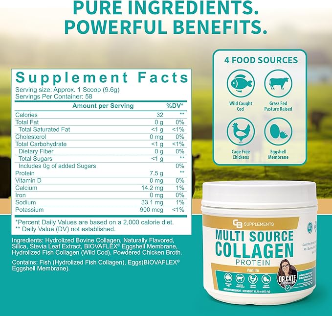 Multi Collagen Protein – Hydrolyzed Collagen for Joint, Skin, Gut, Hair & Nail Health – Vanilla Flavored Powder with Types I, II, III, V & X – Grass-Fed & Clean – 58 Servings