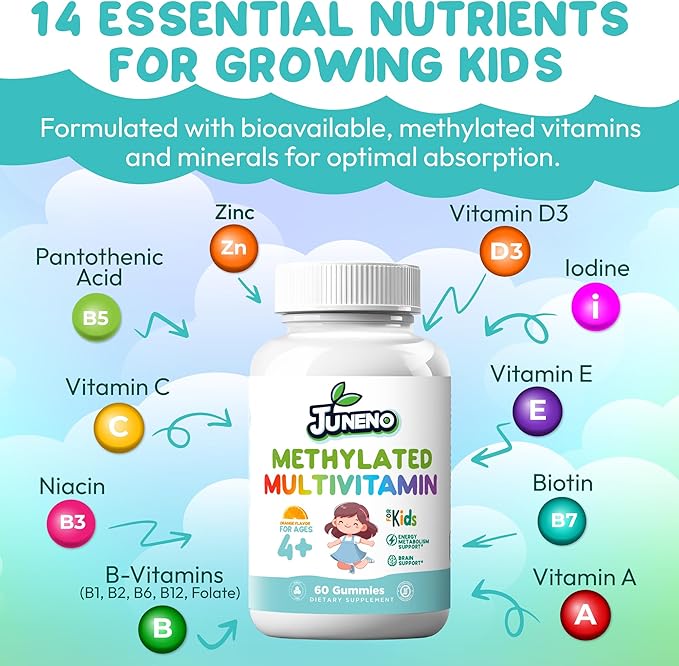 Methylated Multivitamin Gummies for Kids - MTHFR Support Supplement with B Complex 5-MTHF Folate (L-Methylfolate) B1 B3 B6 Methylcobalamin B12 Biotin Vitamins A C D3 E - Vegan Gluten Sugar Free