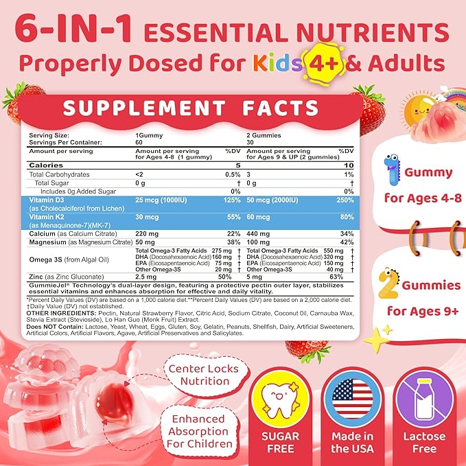 2Pack Vitamin D3 K2 Filled Gummies for Kids & Adults, 1000IU/2000IU D3 + K2(MK-7) with Calcium, Magnesium & Algal Omega 3(EPA/DHA) for Bones, Teeth, Muscles, Brain, Low-dose Vitamins, Sugar-Free