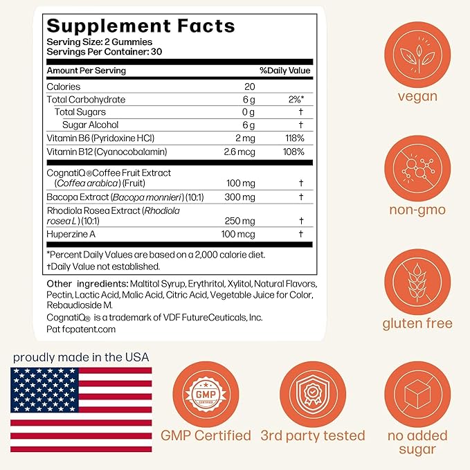 Avantera Elevate Gummies Premium Nootropic Supplement - Beat Brain Fog - Best Focus Supplements for Memory & Focus Support - Energy Without Crash - 60 Gummies for Women & Men