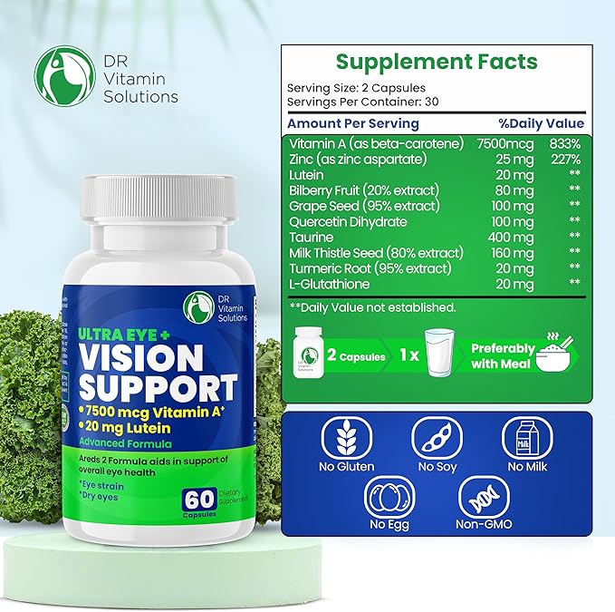 DR VITAMIN SOLUTIONS Vision Support Eye Vitamins for Macular Health | Supplements with Lutein, Zinc, Vitamin A & Bilberry | Areds 2 Formula for Red & Dry Eyes, Sight Care (1 Bottle, 60 Capsules)