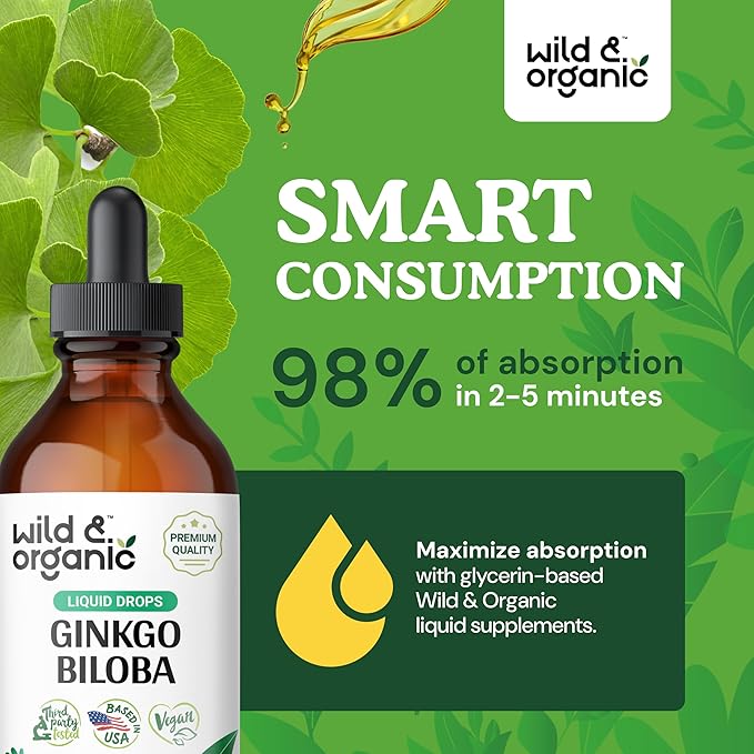 Wild & Organic Ginkgo Biloba Extract Drops - Brain & Focus Support - Liquid Ginkgo Biloba Supplements - Vegan, Sugar & Alcohol-Free Herbal Tincture - 4 fl oz