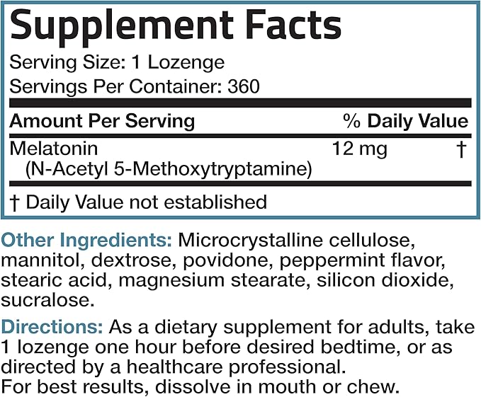 Bronson Melatonin 12mg Fast Dissolve Nighttime Sleep Aid Support & Relaxation Support, 360 Peppermint Vegetarian Lozenges