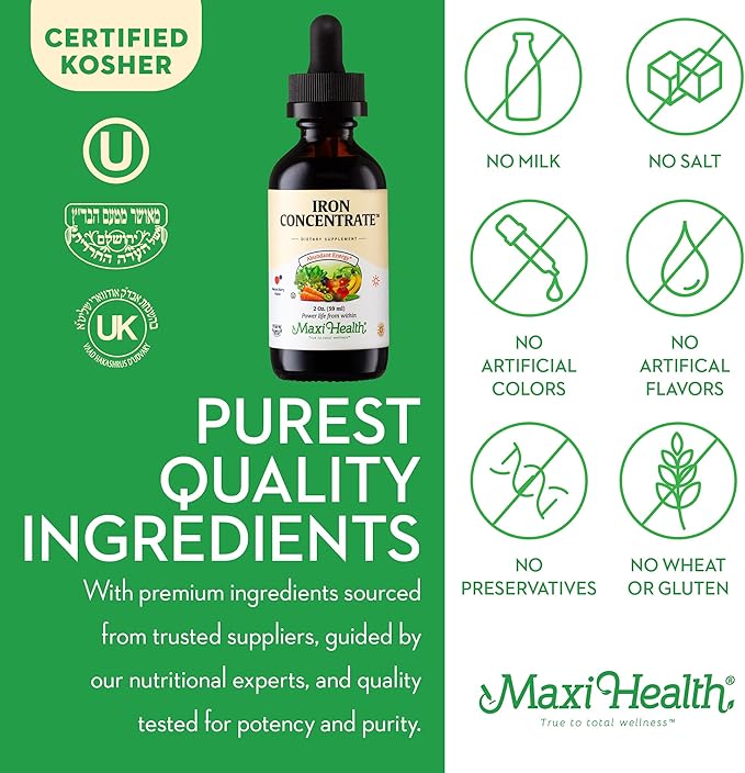 Maxi Health Women, Men and Kids Liquid Iron Supplement - 15 mg Per ML Berry Flavored - High Potency - Easy to Mix for Immediate Absorption - Increase Energy Without Nausea - 2 fl Ounces