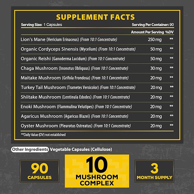 Satoomi 10in1 Mushroom Supplement Complex - Lions Mane, Cordyceps, Reishi, Chaga and 6 More - Brain Supplements for Memory & Focus - 90 Count - 3 Months Supply