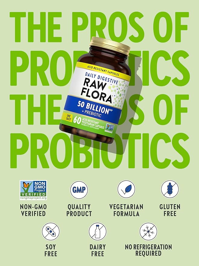 Raw Flora Probiotic with Prebiotics | 50 Billion CFU | Daily Digestive Capsules | Vegetarian & Gluten Free Supplement for Men and Women | by Nature's Truth