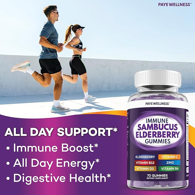 Elderberry Gummies Immune Support, Daily Support for Kids and Adults*, with Sambucus Elderberry, Zinc, Vitamin C, D3, B6, B12, Plus - Dietary Supplement - 70 Count