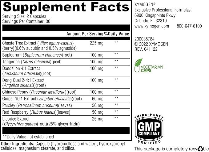 XYMOGEN PMS Soothe Cycle Support Supplement for Women - with Dong Quai, Chaste Tree Extract, Dandelion, Ginger & Licorice Root - Vegan + Gluten Free (60 Capsules)
