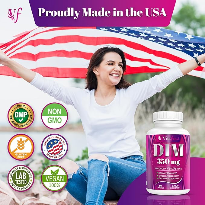 DIM 350mg Supplement - Hormone & Estrogen Balance - For Women and Men - Detox - Acne Support, Menopause Relief, PCOS - Diindolylmethane Broccoli Extract & BioPerine - 60 Capsules - Vegan - Vitafemi