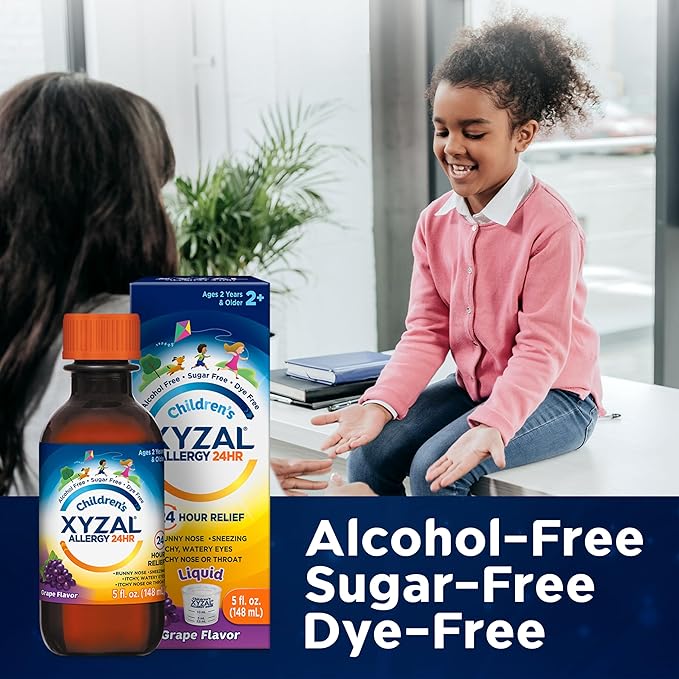 Xyzal Children's 24 Hour Allergy Relief Medicine for Kids, Levocetirizine Dihydrochloride Liquid Antihistamine, Grape, 5 Fl. oz.