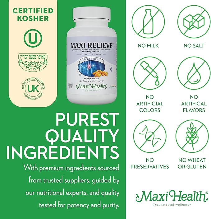 Maxi Health Relieve Joint Support Supplement with Turmeric and Boswellia Serrata, Quick-Acting Support After Exercise, Vegetarian Non-GMO Bone & Joint Health Supplement for Men & Women, 60 Capsules
