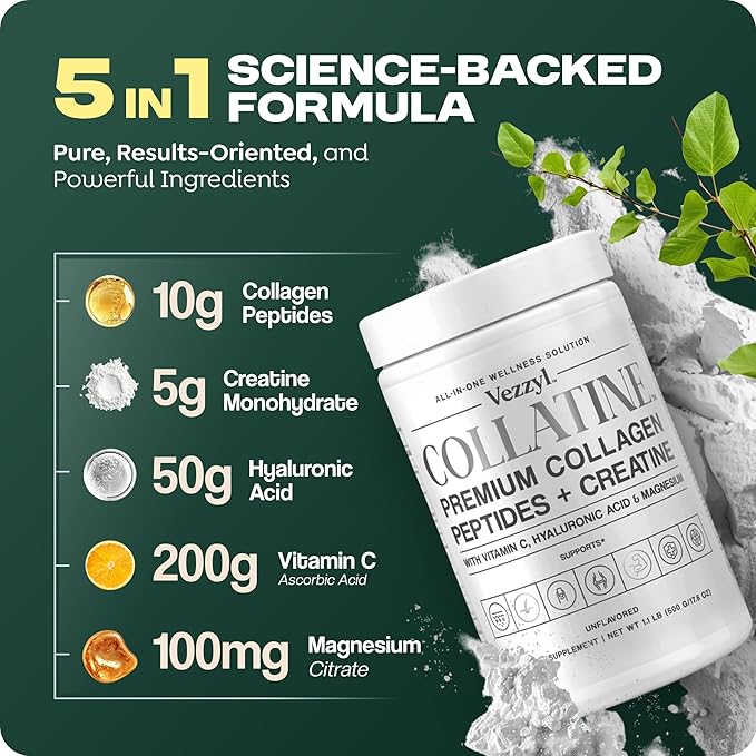 Collatine - Premium Collagen Peptides + Creatine with Vitamin C, Hyaluronic Acid and Magnesium for Skin, Hair, Nails, Bone & Joint, Muscle, Immune and Cognitive Aid (.55 LB (250 G/8.8 OZ)