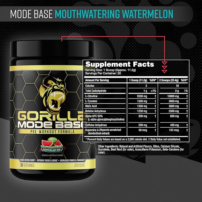 Gorilla Mind Base Pre Workout - Raises Nitric Oxide Intense Focus & Drive Endurance Power - L-Citrulline, L-Tyrosine, Betaine, Alpha-GPC, Caffeine, Huperzine A - 360 Grams (Watermelon)