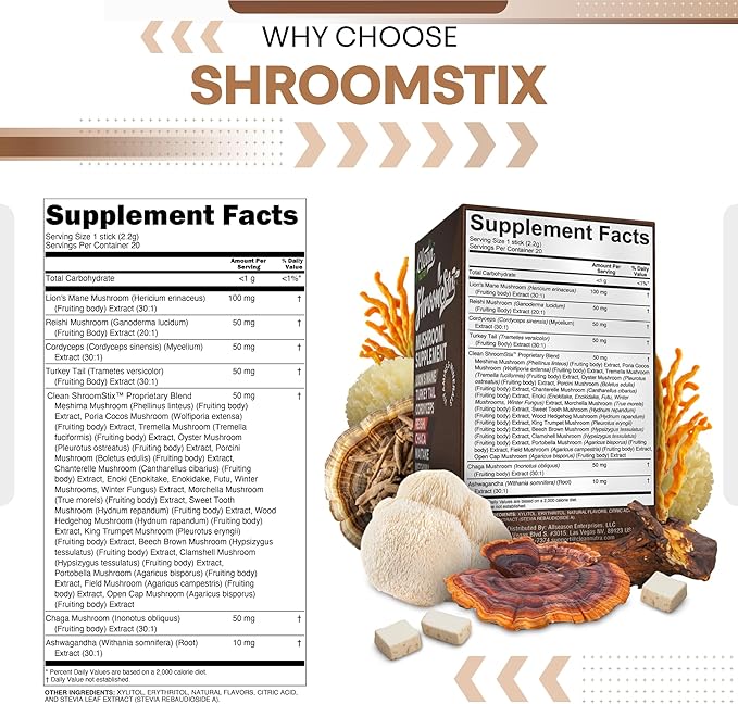 Clean Nutraceuticals Lions Mane 24in1 Mushroom Supplement with Turkey Tail Reishi Cordyceps Chaga Maitake Shiitake Enoki Oyster Porcini Tremella – 20 Easy to Take Shroom Stix