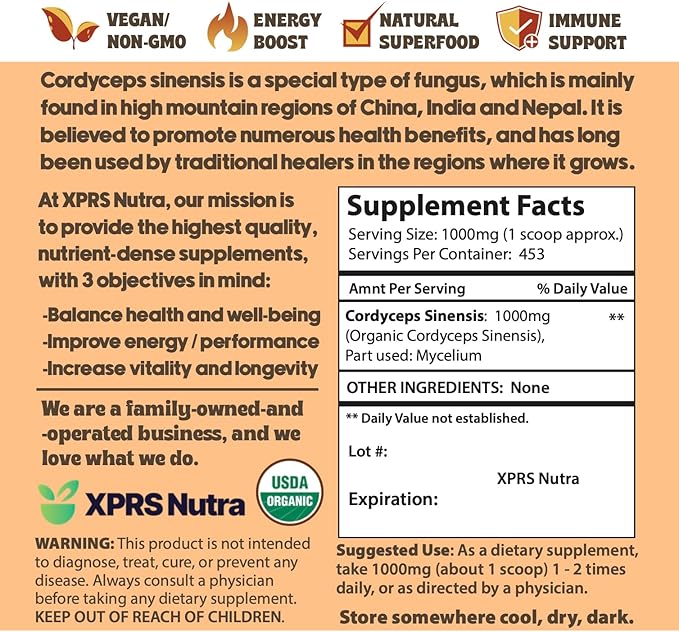 XPRS Nutra Organic Cordyceps Mushroom Powder - Premium Cordyceps Mushrooms - Real Mushrooms Cordyceps Powder Supplement for Energy and Immune Support - Vegan-Friendly Mushroom Cordyceps (16 oz)