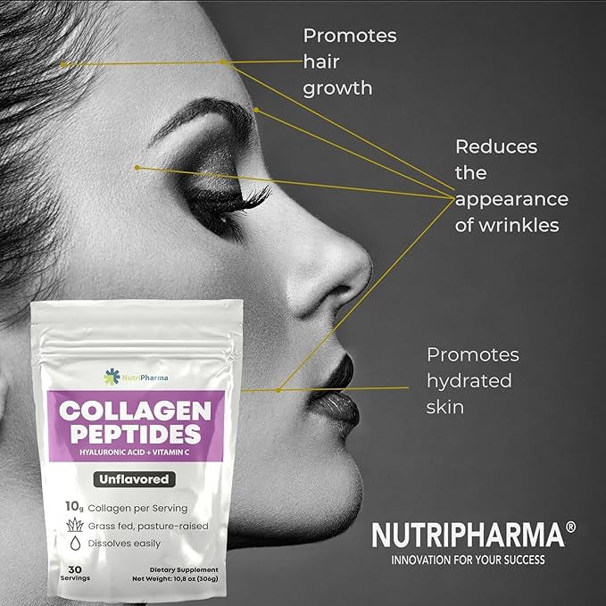 Collagen Peptides Powder with Hyaluronic Acid and Vitamin C, Promotes Hair, Nail, Skin, Bone and Joint Health, Unflavored Collagen Protein Powder, 30 Servings, 10,8 oz