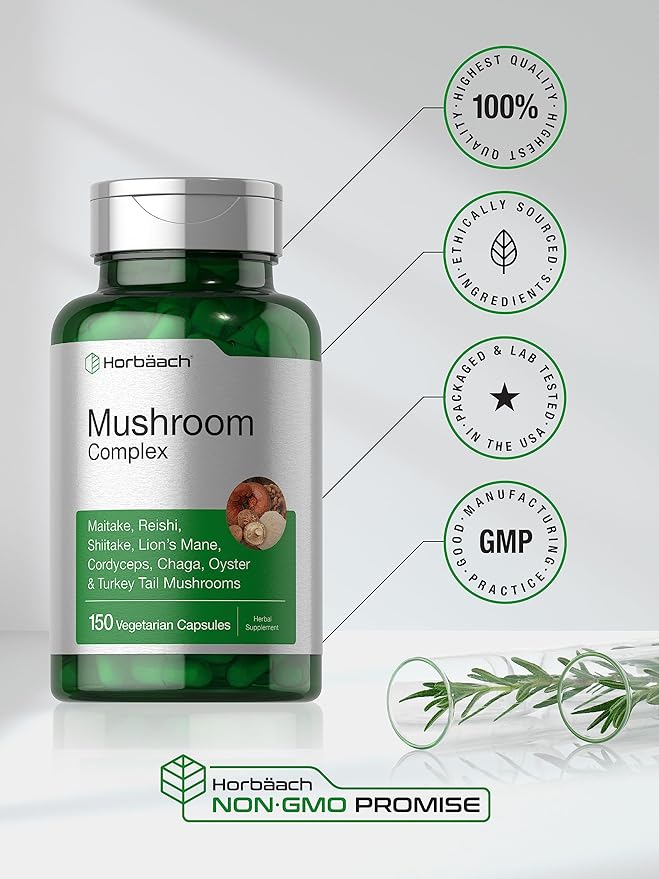 Horbäach Mushroom Complex Capsules | 150 Count | Non-GMO & Gluten Free Supplement | Reishi, Chaga, Lions Mane, Cordyceps, Maitake, Shiitake, Oyster and Turkey