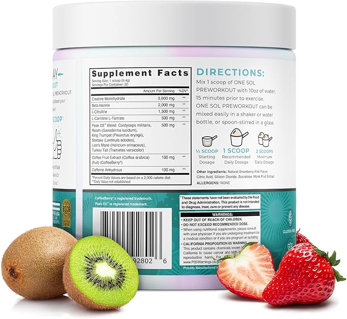 One Sol Pre-Workout for Women, Enhanced Pump & Focus, No Jitters Or Crash, Natural Ingredients, 100% Vegan, Gluten Free & Soy Free, (Strawberry Kiwi)
