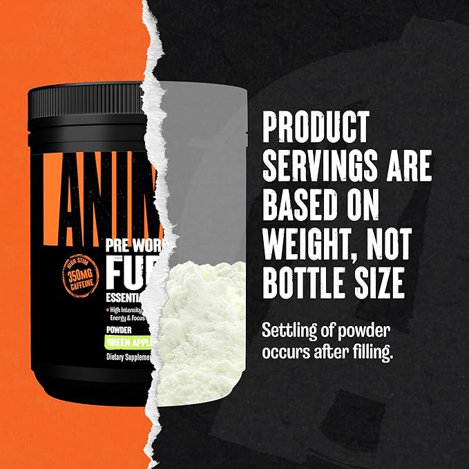 Animal Fury Pre Workout Powder - Green Apple, 350mg Caffeine, BCAA Amino Acids, 2g Beta Alanine, Citrulline & Tyrosine, Energy, Focus, Strength, Endurance, Preworkout for Men & Women, 30 Servings