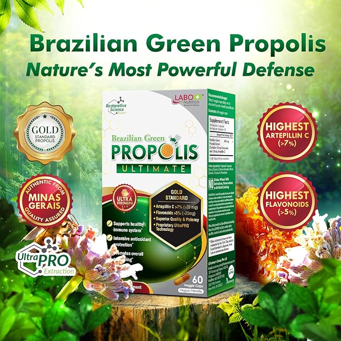 LABO Nutrition Brazilian Green Propolis Ultimate – Propolis Extract with 28mg Artepillin C and 5% Flavonoids Natural Bee Supplement for Immune, Brain Support High Concentrate Propolis, 60 Veg Capsx3