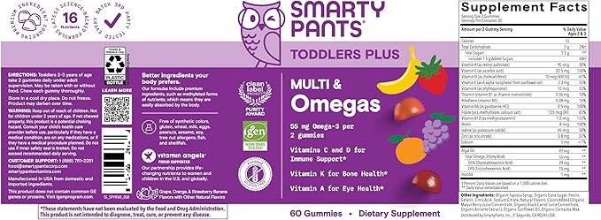 SmartyPants Toddler Multivitamin Gummies - Improved Formula: Omega 3 (DHA/EPA), Vitamins D3, C, Vitamin B12, B6, A, K & Zinc, Biotin, Gluten Free, Three Fruit Flavors, 60 Count (30 Day Supply)