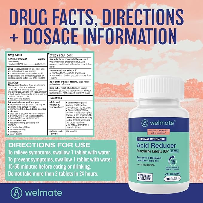 WELMATE - Famotidine Acid Reducer, 10mg - Original Strength - Heartburn Relief - Acid Indigestion - Stomach Relief - Works in 15 Minutes - Generic Medication - Value Size - 300 Tablets