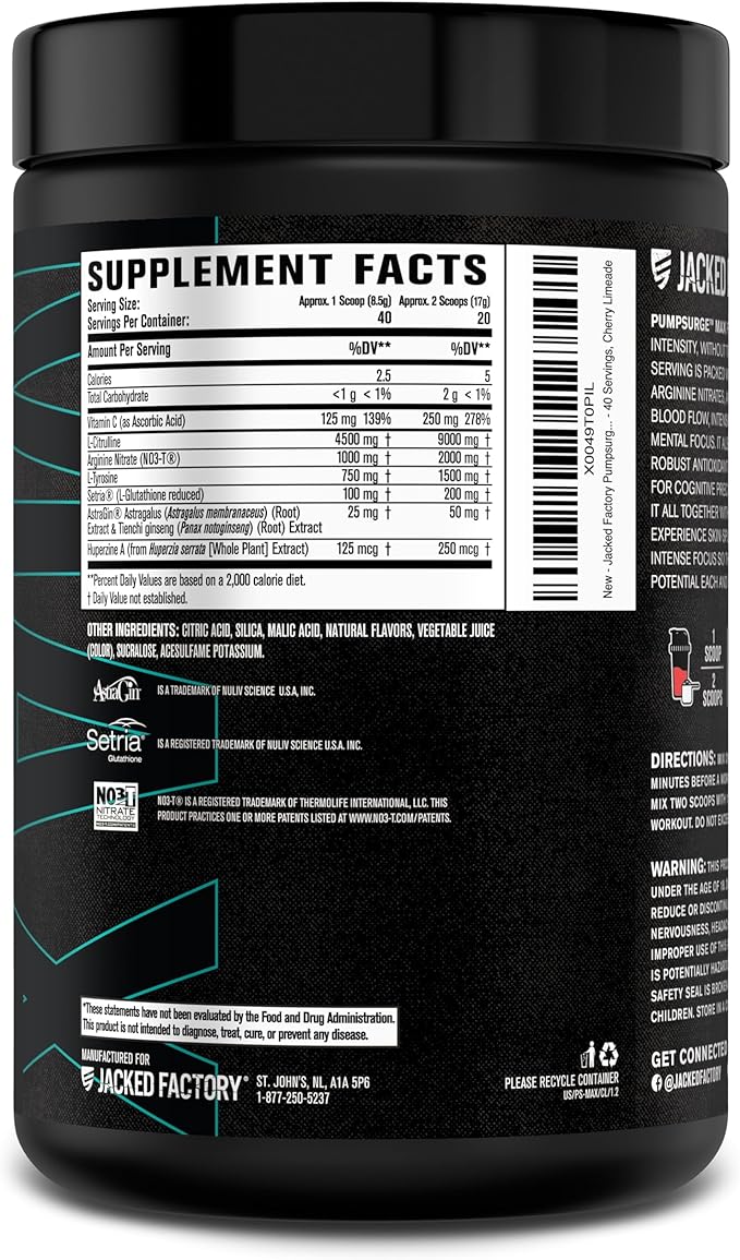 Jacked Factory Pumpsurge Max Stim Free Pre Workout - High-Performance Caffeine Free Pre Workout with L-Citrulline, N03-T Arginine Nitrate & Glutathione - 40 Servings, Cherry Limeade
