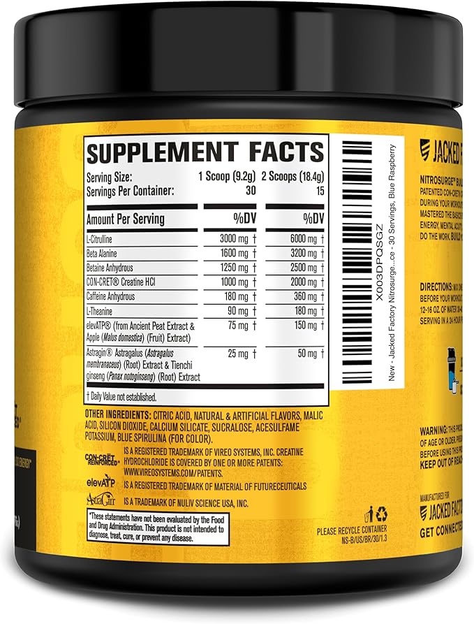 Jacked Factory Nitrosurge Build Pre Workout with Creatine for Muscle Building - Con Cret Creatine Powder & elevATP for Intense Energy, Powerful Pump, & Endless Endurance - 30 Servings, Blue Raspberry