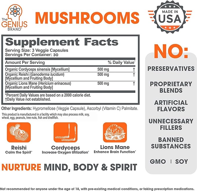 Genius Mushroom Supplement - Full-Spectrum Lion’s Mane, Cordyceps, Reishi -Daily Brain Nootropic for Energy, Focus, Memory & Overall Wellness - 90 Capsules – Organic for Mental Clarity & Performance
