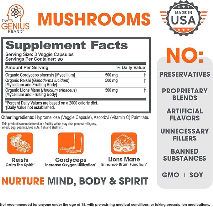 Genius Mushroom Supplement - Full-Spectrum Lion’s Mane, Cordyceps, Reishi -Daily Brain Nootropic for Energy, Focus, Memory & Overall Wellness - 90 Capsules – Organic for Mental Clarity & Performance