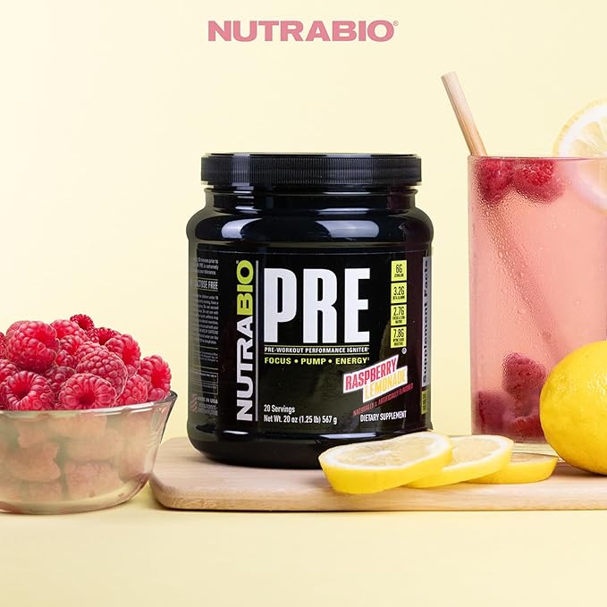 NutraBio PRE Workout Powder - Old Formula- Sustained Energy, Mental Focus, Endurance - Beta Alanine, Creatine, Caffeine, Electrolytes - 20 Servings - Raspberry Lemonade