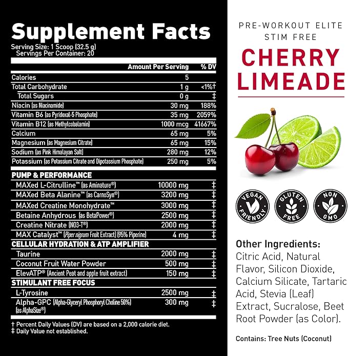 Kaged Pre Workout Powder Pre-Workout Elite Stim-Free for Men & Women, Power, Stamina, Focus, Pumps, L-Citrulline, Beta Alanine, Creatine, Caffeine-Free, Cherry Limeade, 20 Servings