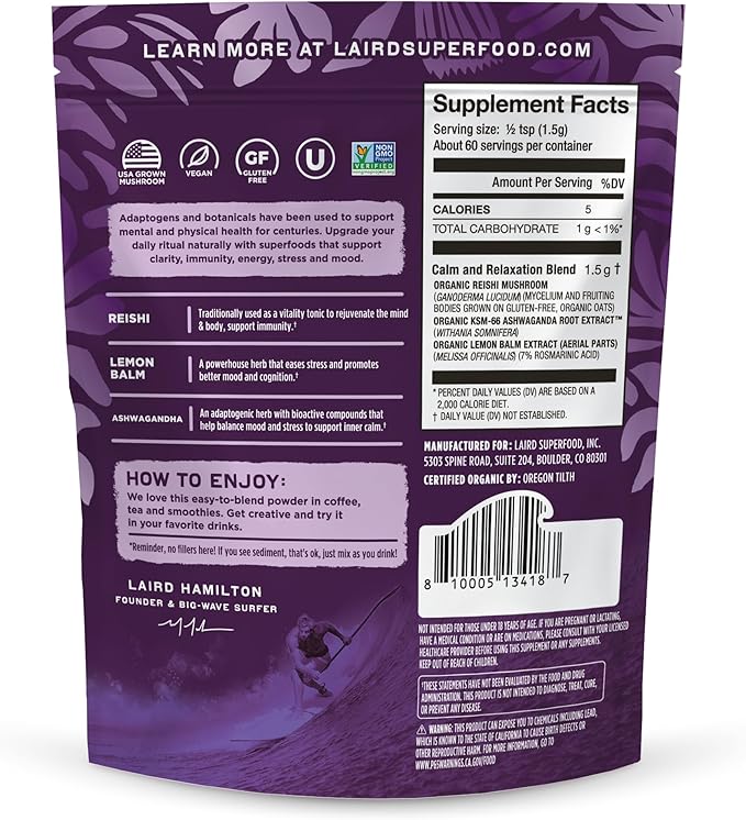 Laird Superfood Organic Calm and Relax Mushroom Blend with Reishi, Lemon Balm, and Ashwagandha, 3.17 oz. Bag, Pack of 1