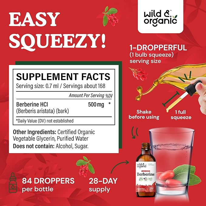 Wild & Organic Berberine Liquid Drops - 500mg Berberine Supplement HCL for Overall Support - Natural Extract Tincture - Vegan, Alcohol & Sugar-Free - 2 fl oz