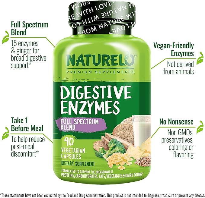 NATURELO Digestive Enzymes - Full Spectrum Support with a Broad Blend of 15 Enzymes Plus Ginger - 90 Vegan Capsules (Pack of 2)