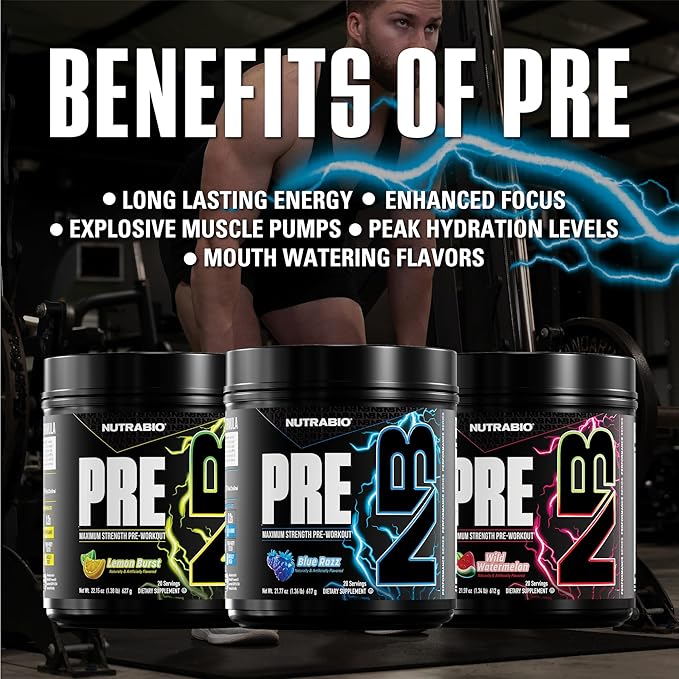 NutraBio PRE Workout Powder - New Formula- Sustained Energy, Mental Focus, Endurance - Beta Alanine, Caffeine, Electrolytes - 20 Servings - Blue Razz