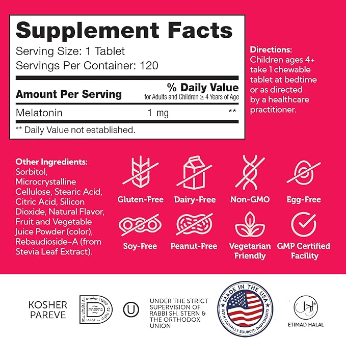Zahler 1MG Children's Melatonin for Kids - Sleep Support and Quality Rest for Ages 4+ Delicious Natural Grape Flavor - Non GMO Kosher Low Dose Childrens Melatonin 1 MG (120)