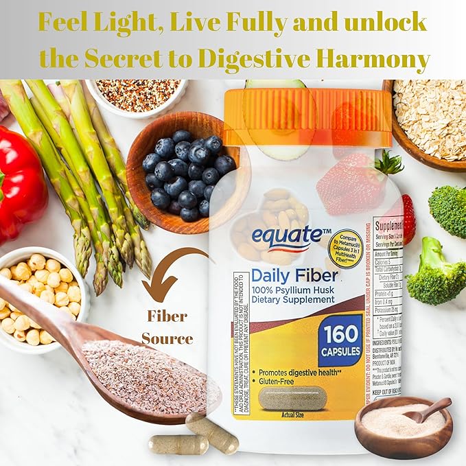Equate Daily Fiber - Psyllium Husk Capsules 160ct (Pack of 1) - Supplement for Regularity & Digestive Support, Boxed by Fusion Shop Store