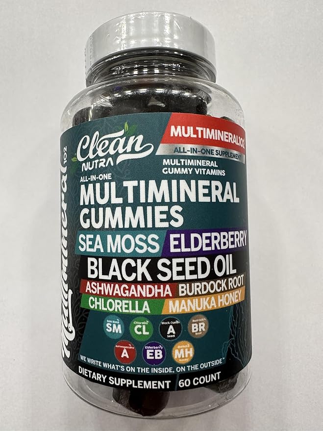 Sea Moss Black Seed Oil Gummies with Ashwagandha Elderberry Burdock Root Chlorella Manuka Honey - Vegan Gummy Vitamins for Adults Kids Men Women-Multimineral Green Apple Flavor by Clean Nutra - 2Pack