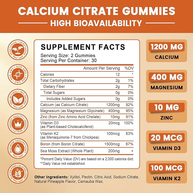 GONGOTA Calcium Citrate 1200mg with Vitamin D3 Gummies, Chewable Calcium for Bone, Muscle, Joints, Immune Support, Calcium Supplements for Women & Men,Sugar Free, Pineapple Flavor - 120 Gummies