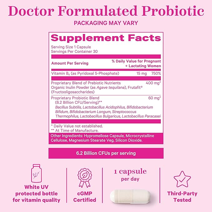 Pink Stork Prenatal Probiotics for Women - Vitamin B6, Prebiotics, Morning Sickness, Gut Microbiome, Pregnancy Probiotic, Immune Support, Pregnancy Must Haves - 60 Capsules