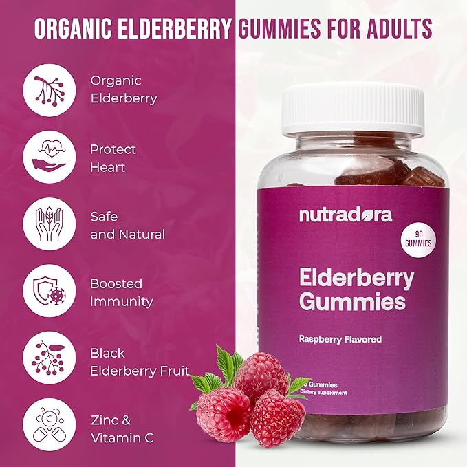Elderberry Gummies for Adults – Organic Elderberry Gummies with Zinc and Vitamin C for Immune Support, Lessen Stress, & Protect Heart, Raspberry Flavor Formulated in USA, 90 Gummies