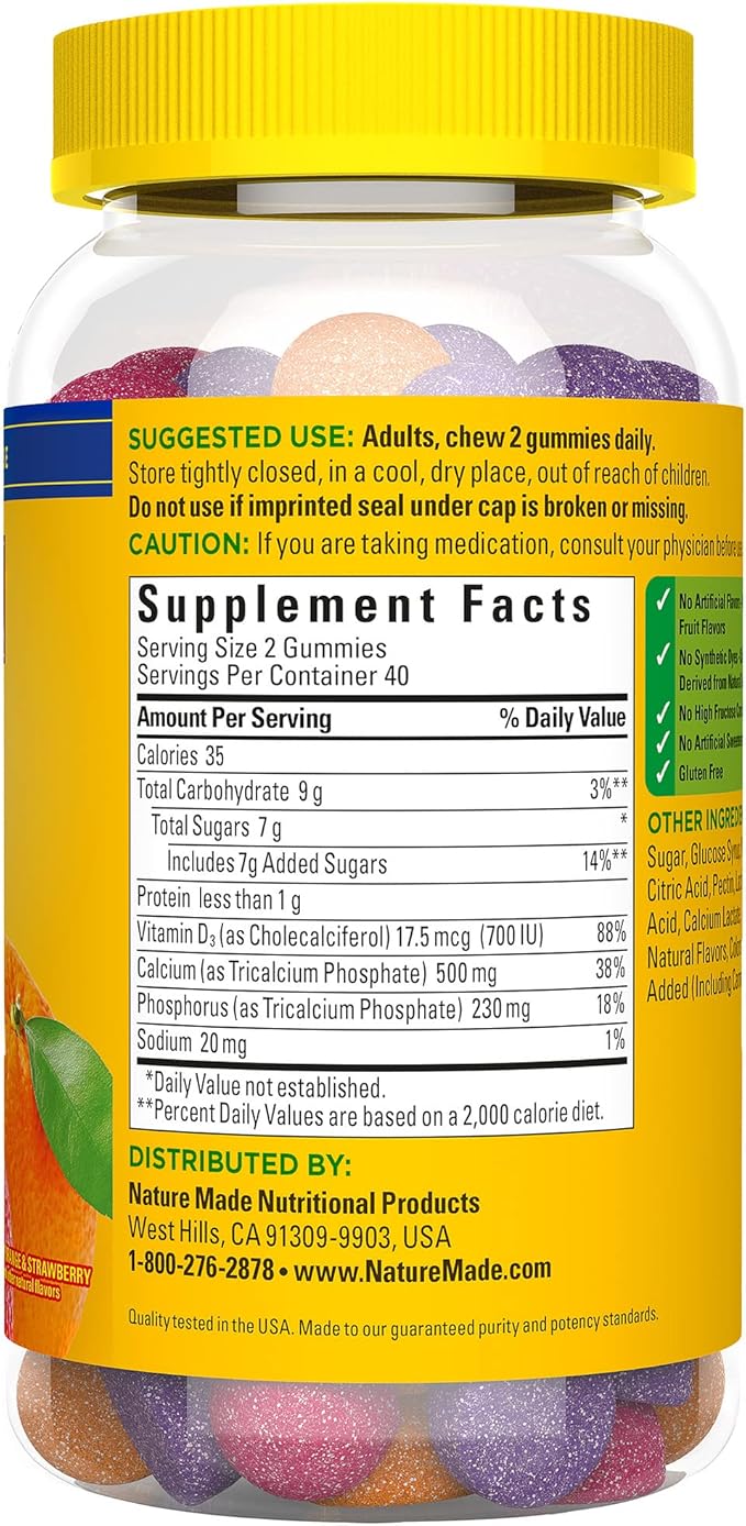 Nature Made Calcium Gummies 500 mg Per Serving with Vitamin D3, Dietary Supplement for Bone Support, 80 Gummies, 40 Day Supply