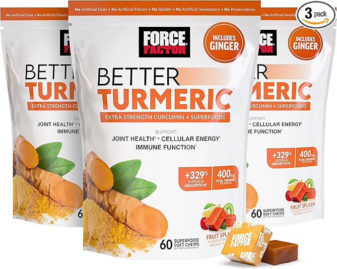 Force Factor Better Turmeric Joint Support Supplement for Extra Strength Joint Health, Featuring HydroCurc Turmeric Curcumin with Black Pepper for Superior Absorption, Fruit Splash, 180 Soft Chews