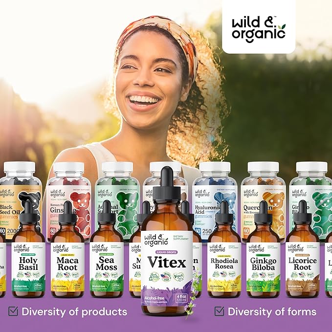 Wild & Organic Vitex Tincture - Vitex Chasteberry Supplement for Women - Liquid Chaste Tree Berry Extract for Good Mood - Vegan, Sugar & Alcohol-Free Herb Drops - 4 fl oz