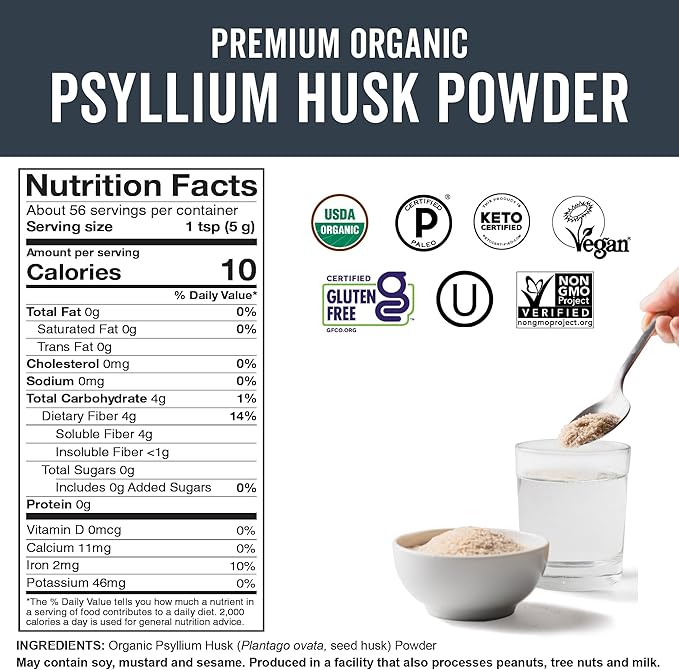 Viva Naturals Organic Psyllium Husk Powder, 10 oz - Finely Ground, Unflavored Plant Based Superfood - Good Source of Fiber for Gluten-Free Baking, Juices & Smoothies - Certified Vegan, Keto and Paleo