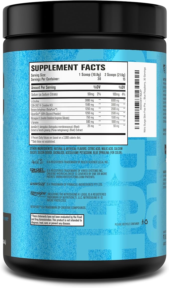 Jacked Factory Nitric Surge Stim Free Pre Workout Powder - Caffeine-Free Nitric Oxide Supplement w/Con-Cret Creatine, L Citrulline, & GlycerSize Glycerol - Blue Raspberry, 30 Servings